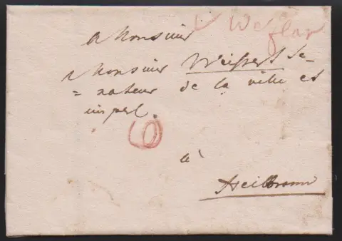 "Wetzlar", ca. 1760-1800, tři dopisy s ručně psanými značkami (jednou červenou křídou "V. Wetzlar"), dále dekorativní šlechtický dopis 1790 s prvním L1 "DE WETSLAR"