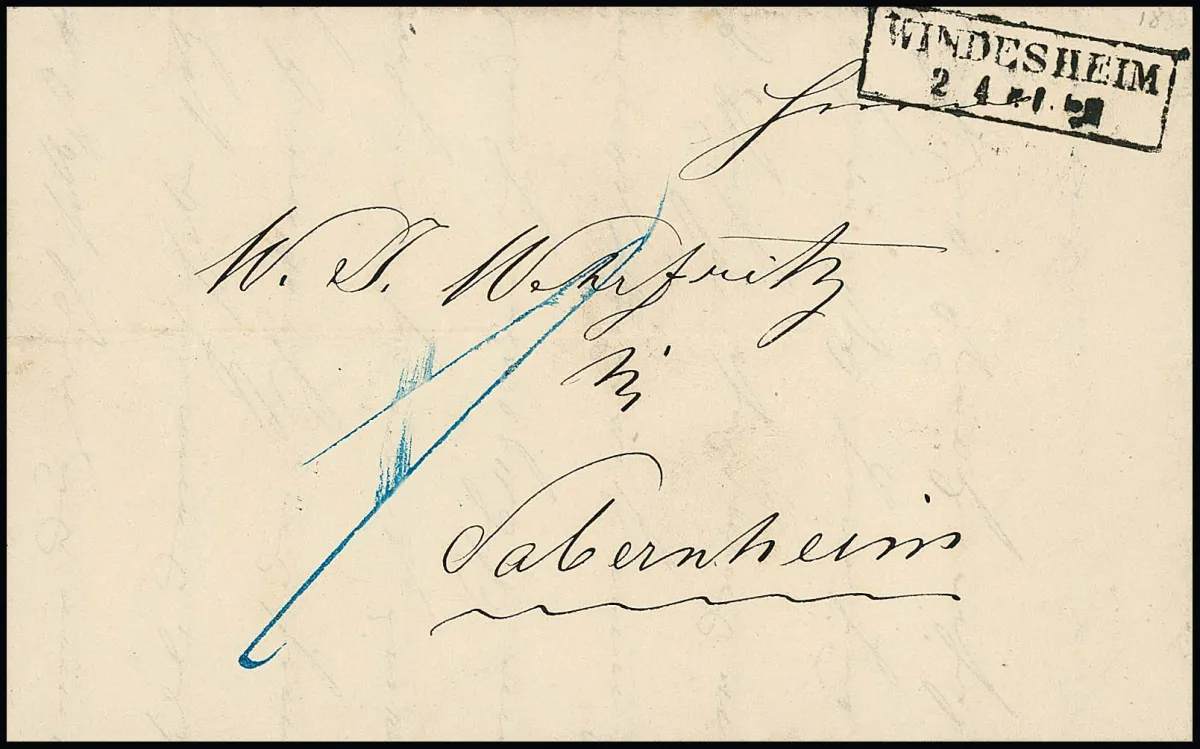 "Windesheim", 1850, 2.4., sehr seltener vorphil. Ra2 auf Kabinettbrief nach Sobernheim, die Briefsammlung bzw. Expedition bestand nur vom 1.1.1849 bis 1.10.1850