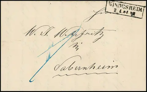 "Windesheim", 1850, 2.4., velmi vzácný předfilatelistický Ra2 na kabinetním dopise do Sobernheimu, sběr dopisů existoval pouze od 1.1.1849 do 1.10.1850