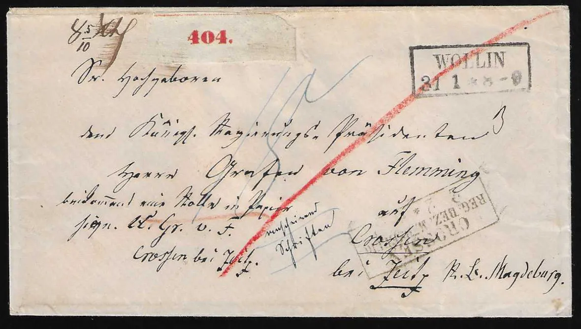 "Wollin", (1860), Ra2 auf Adels-Paketbegleitcouvert nach Crossen mit hs. Vermerk "anscheinend Schriften" für angewandte Sonderporto-Regelung
