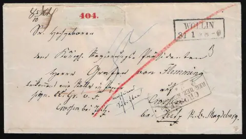 "Wollin", (1860), Ra2 na šlechtické průvodce zásilkou do Crossenu s rkp. poznámkou "anscheinend Schriften" pro uplatněnou zvláštní poštovní sazbu