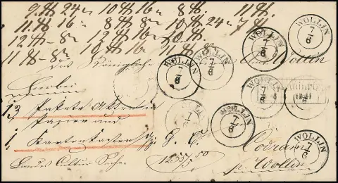 "Wollin", 1850, 12.6., průvodní dopis zásilky pro 14 balíků spisů do Codramu se 14 otisky (!) K2 a Ra2 "Stargard i. Pom."
