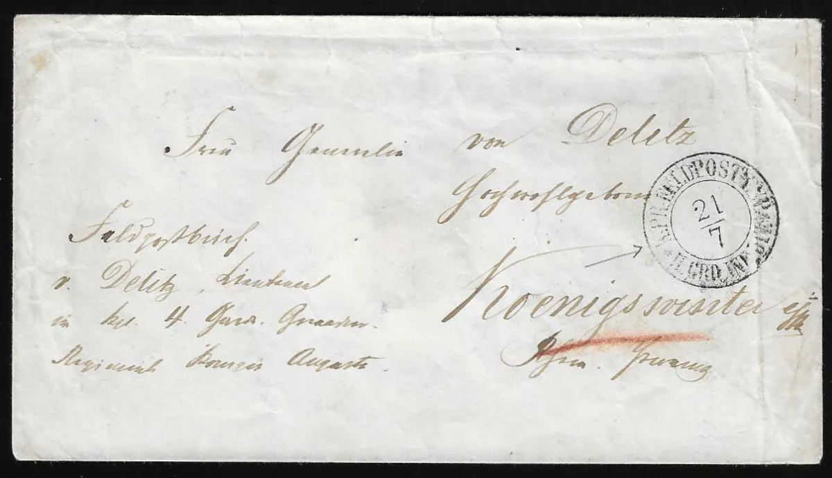 Feldpost, (1866), K2 "Kr. Pr. Feldpost-Exp. II. Grd. Inf. Div." jasně na obálce do Königswinteru, vzácný z této války