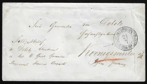 Feldpost, (1866), K2 "Kr. Pr. Feldpost-Exp. II. Grd. Inf. Div." jasně na obálce do Königswinteru, vzácný z této války