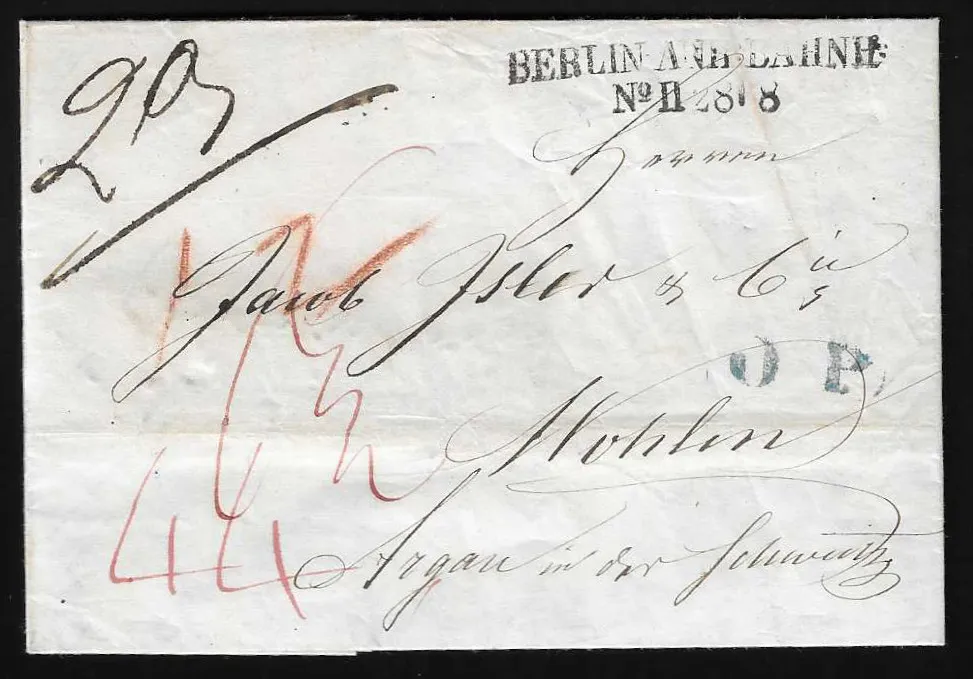 "Berlin Anh. Bahnhof No. II", 1844, L2 s modrým L1 "O.P." na malém kabinetním dopise do Wohlen