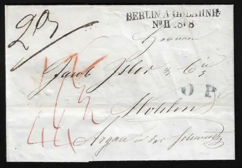"Berlin Anh. Bahnhof No. II", 1844, L2 s modrým L1 "O.P." na malém kabinetním dopise do Wohlen