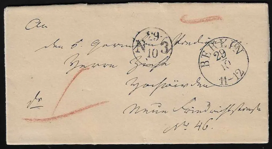 "Berlin", 1840, K1 dvorního poštovního úřadu a navíc vs. výdejní K1 na malém místním dopise (tištěné oznámení o narození majora von Carisien, člena pruského generálního štábu)