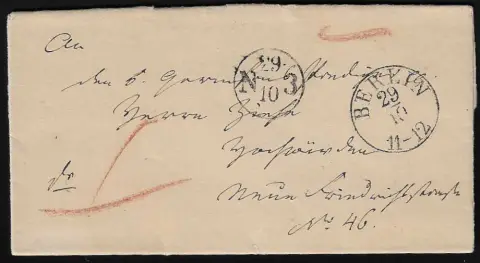 "Berlin", 1840, K1 dvorního poštovního úřadu a navíc vs. výdejní K1 na malém místním dopise (tištěné oznámení o narození majora von Carisien, člena pruského generálního štábu)