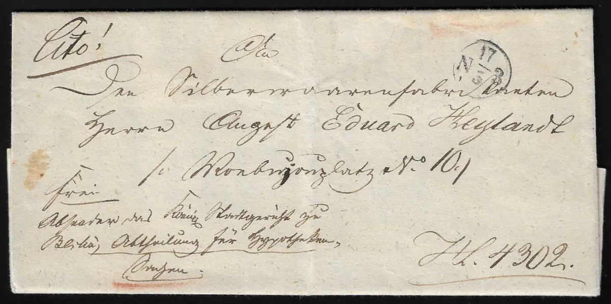 "Berlin", 1843, Ortsbrief mit ungewöhnlicher vs. Entwertung durch den kleinen Ausgabe-K1 "N3" des Hofpostamtes, eilige Hypothekensache, mit Auflieferung und…