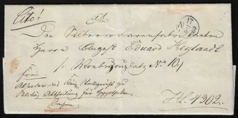 "Berlin", 1843, místní dopis s neobvyklým vs. znehodnocením malým výdejním K1 "N3" dvorního poštovního úřadu, naléhavá hypoteční záležitost, s doručením a současným výdejem stejným pošťákem v jednom kroku, ex Kruschel