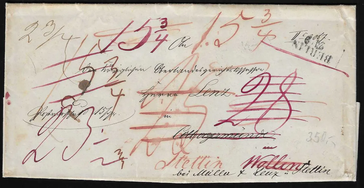 "Berlin", 1846, L2 des Hofpostamtes auf Postvorschußbrief nach Colbergermünde und weiter nach Wollin und Stettin mit vielen Taxen, Inhalt mit eigenhändiger…