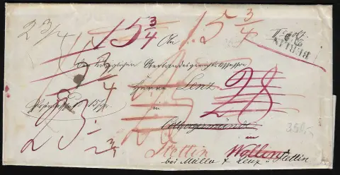 "Berlin", 1846, L2 dvorního poštovního úřadu na poštovní poukázce do Colbergermünde a dále do Wollin a Stettin s mnoha taxami, obsah s vlastnoručním podpisem pruského ministra spravedlnosti