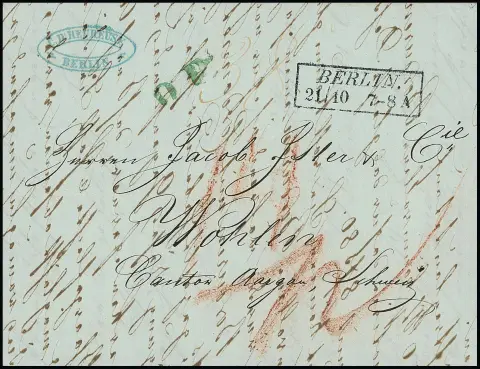 "Berlin", 1847, šikmé písmo Ra2 používané jen krátce v tomto roce, zde z 21.10.47, na zahraničním dopise do Wohlen/Švýcarsko