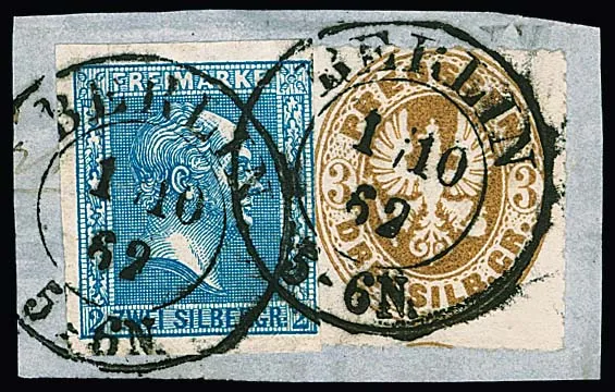 "Berlin 1.10.62", der K2 mit Jahreszahl klar auf dekorativem Briefstück mit Mischfrankatur 2 Sgr. blau nebst Wappen 3 Sgr., nach dem Brief mit Datum vom…