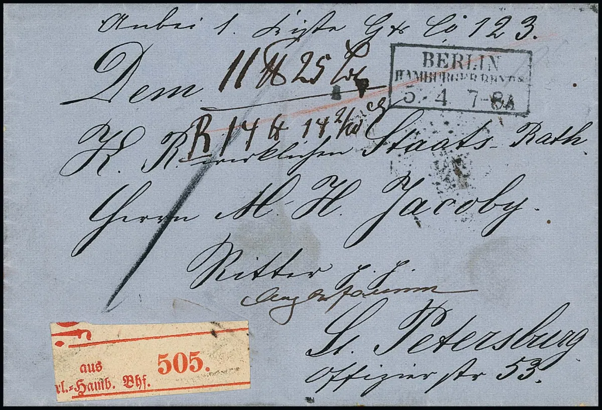 "Berlin Hamburger Bahnh.", 1861, Ra3 auf seltenem Auslands-Paketbegleitbrief (roter Paketzettel) an den Staats-Rath und Ritter Jacoby in St.…