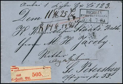 "Berlin Hamburger Bahnh.", 1861, Ra3 na vzácném zahraničním průvodním dopise zásilky (červená etiketa zásilky) státnímu radovi a rytíři Jacobymu v St.…