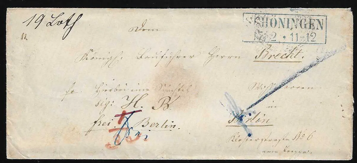 "Berlin Hofpostamt", (1860), seltener Ankunfts-K2 "1te. Paket-Bestellung" des Hofpostamtes rs. auf hübschem Paketbegleit-Damencouvert mit Braunschweig-Ra2…