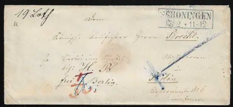 "Berlin Hofpostamt", (1860), seltener Ankunfts-K2 "1te. Paket-Bestellung" des Hofpostamtes rs. auf hübschem Paketbegleit-Damencouvert mit Braunschweig-Ra2…