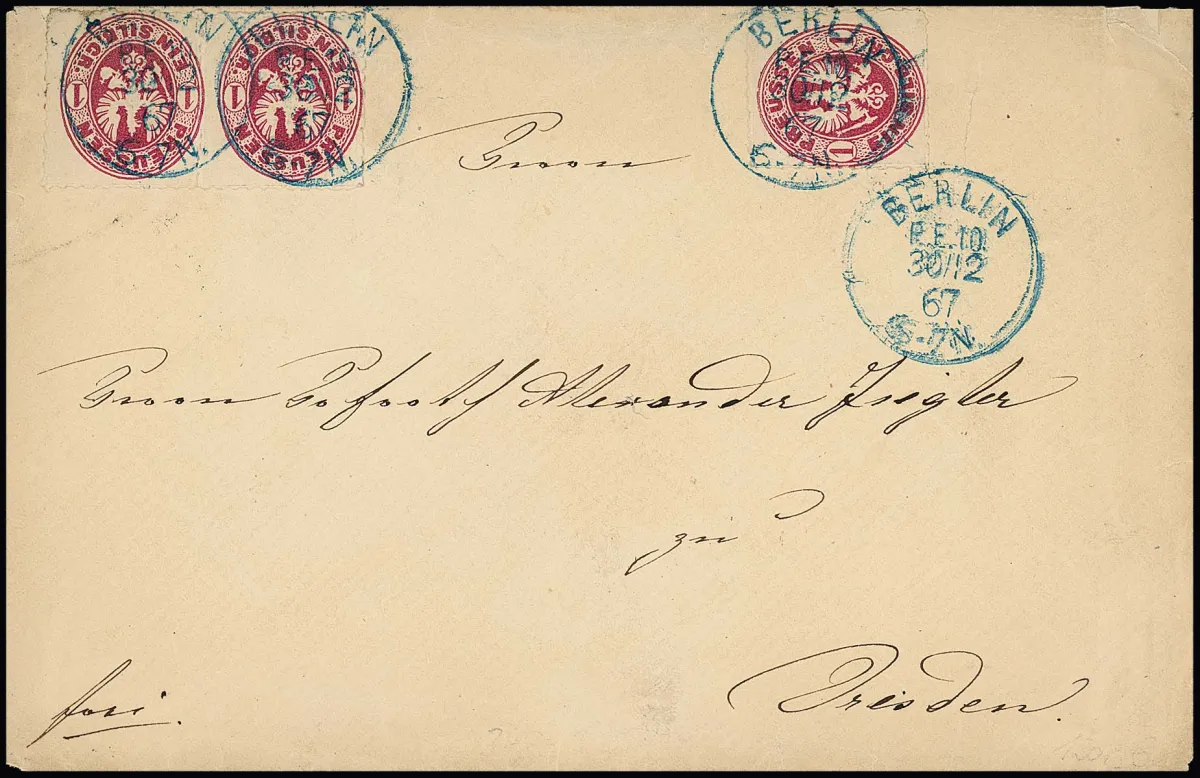 "Berlin P.E. 10", der erst Ende 1867 eingeführte Grotesk-K1 (ab 24.11.67, hier vom 30.12.67) klar auf Couvert (Gebrauchserhaltung) mit dreimal 1 Sgr.,…