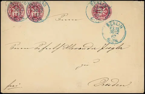 "Berlin P.E. 10", der erst Ende 1867 eingeführte Grotesk-K1 (ab 24.11.67, hier vom 30.12.67) klar auf Couvert (Gebrauchserhaltung) mit dreimal 1 Sgr.,…
