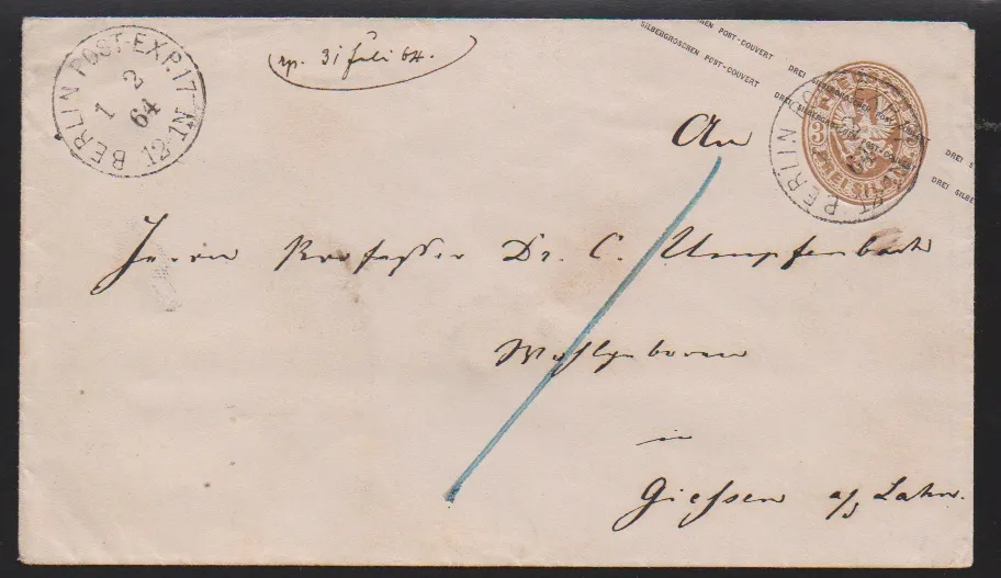 "Berlin Post-Exp. 17", Grotesk-K1 vom 1.2.1864 klar auf Wappen-Ganzsache 3 Sgr., Kruschel + 700,- DM