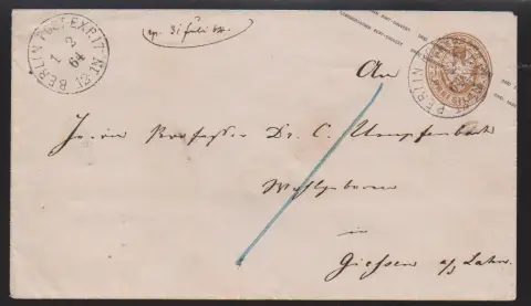 "Berlin Post-Exp. 17", Grotesk-K1 vom 1.2.1864 klar auf Wappen-Ganzsache 3 Sgr., Kruschel + 700,- DM