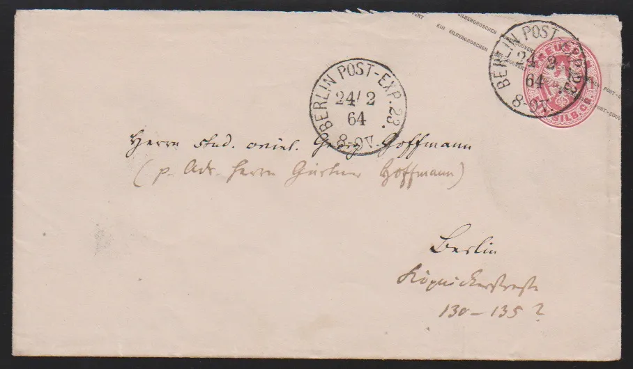 "Berlin Post-Exp. 23", Grotesk-K1 in schwarz und blau auf zwei Ganzsachen 1 Sgr. Wappen (ein Ortscouvert)