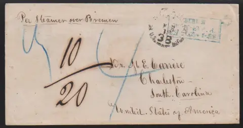 "Berlin Post-Exp. 8", blauer Ra3 1865 auf Übersee-Couvert via Bremen (handschriftliche Taxe "10/20") nach Charleston/South Carolina, USA