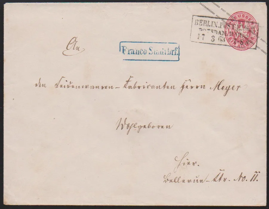 "Berlin Post-Exp. 9 Potsdam. Bahnhof", Ra3 in ungewöhnlicher Kombination mit blauem Ra1 "Franco Stadtbrf." auf Großformat-Ganzsache 1 Sgr. rosa, als Ortsbrief…