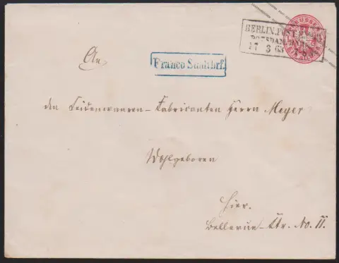 "Berlin Post-Exp. 9 Potsdam. Bahnhof", Ra3 in ungewöhnlicher Kombination mit blauem Ra1 "Franco Stadtbrf." auf Großformat-Ganzsache 1 Sgr. rosa, als Ortsbrief…