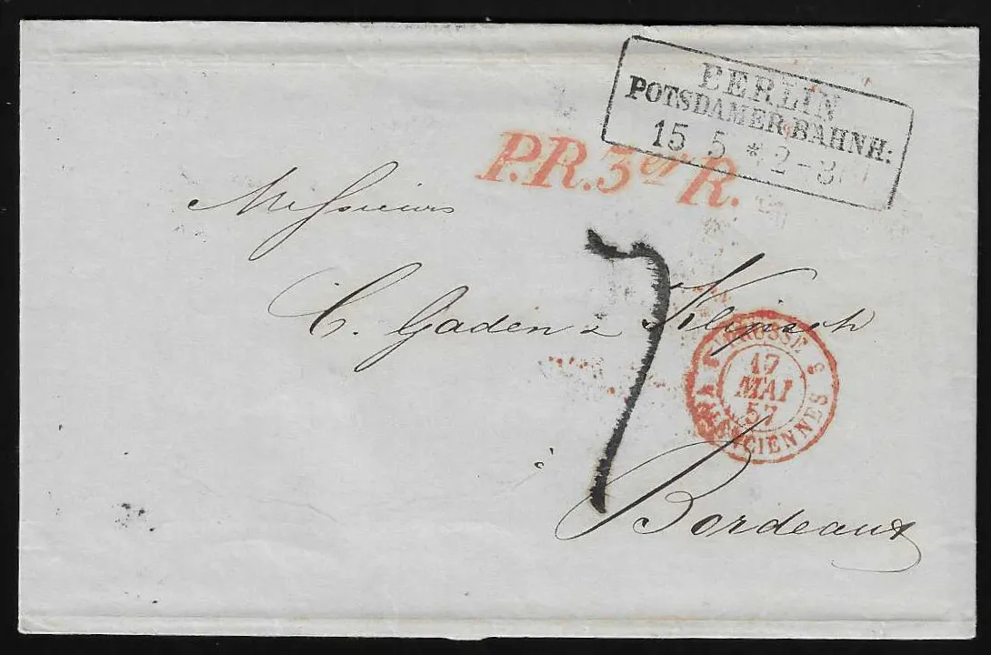 "Berlin Potsdamer Bahnh.", 1853/57, Ra3 auf zwei Briefen mit untersch. Transitstempeln nach Bordeaux