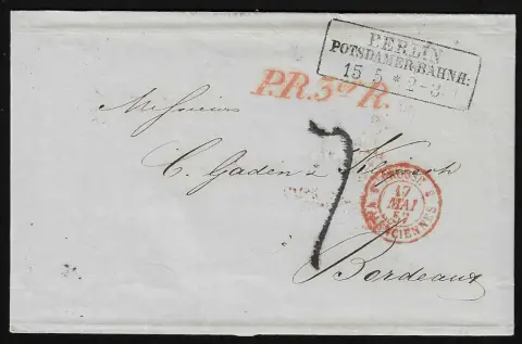 "Berlin Potsdamer Bahnh.", 1853/57, Ra3 auf zwei Briefen mit untersch. Transitstempeln nach Bordeaux