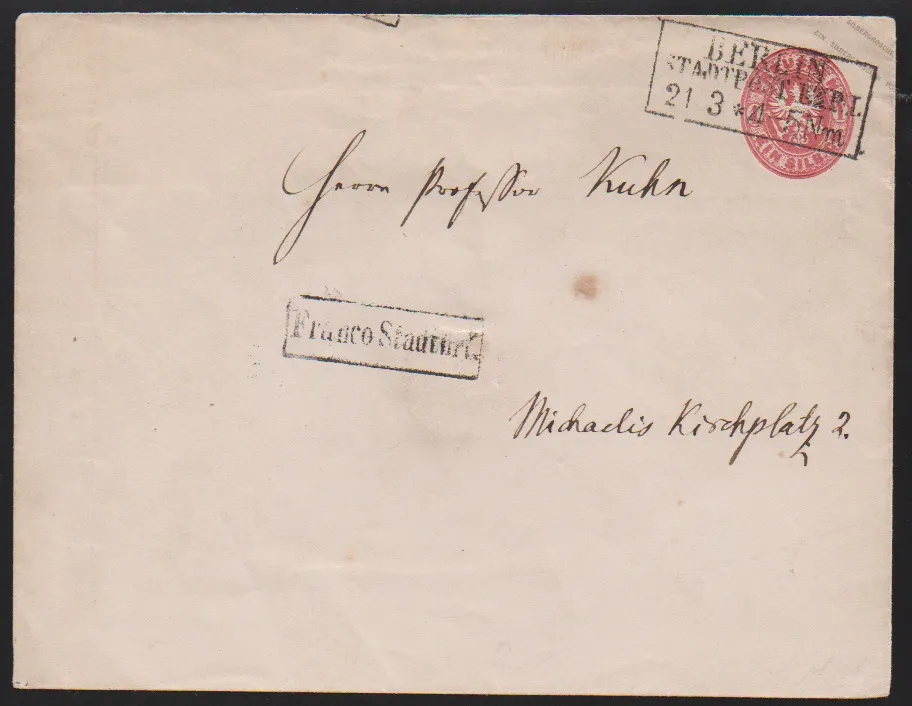 "Berlin Stadtpost-Exp. I", Ra3 und Ra1 "Franco Stadtbrf." auf Wappen-Großformat-Ganzsache 1 Sgr. (kl. Pünktchen) als Ortsbrief gelaufen