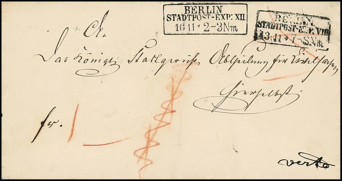 "Berlin Stadtpost-Exp. VIII" bzw. "XII", versch. Ra3 auf doppelt versandtem Retour-Ortsbrief (1853), rs. roter Ra1 "Unbestellbar", Taxe "1"
