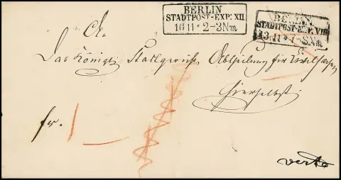"Berlin Stadtpost-Exp. VIII" bzw. "XII", versch. Ra3 auf doppelt versandtem Retour-Ortsbrief (1853), rs. roter Ra1 "Unbestellbar", Taxe "1"