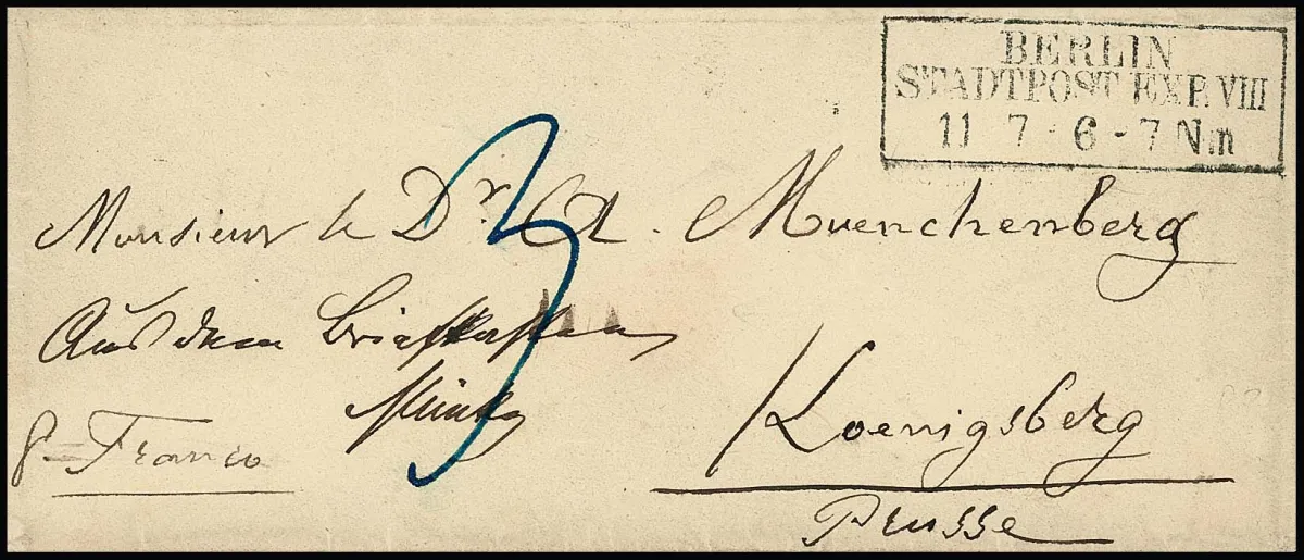 "Berlin Stadtpost-Exp. VIII", Ra3 in großer Type (wahrscheinlich Reservestempel) auf Damencouvert nach Königsberg (1852), hs. "Aus dem Briefkasten", KHBW Nr.…