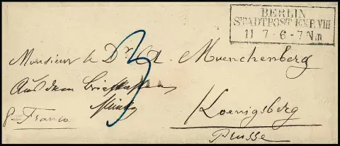 "Berlin Stadtpost-Exp. VIII", Ra3 in großer Type (wahrscheinlich Reservestempel) auf Damencouvert nach Königsberg (1852), hs. "Aus dem Briefkasten", KHBW Nr.…