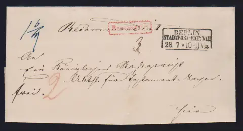 "Berlin Stadtpost-Exp. VIII", (1865), Ra3 auf seltenem eingeschriebenem Ortsbrief der 2. Gewichtsstufe, auch hierfür galt noch gemäß Bartaxe das Porto von "2"…