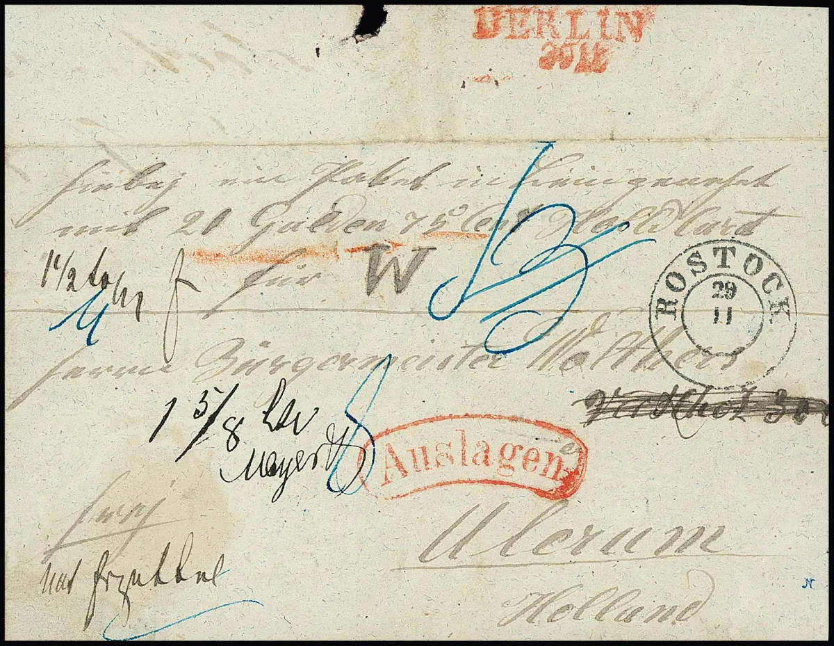 "Berlin", (1852), seltener roter L2 rs. als Transitstempel auf Auslands-Auslagen-Paketbegleitbrief mit K2 "Rostock" via Berlin nach Holland, ex Kruschel