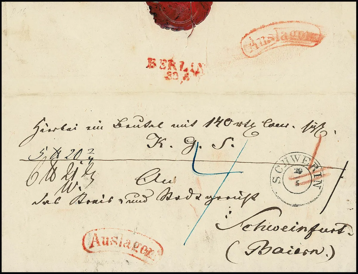 "Berlin", 1852, roter L2 rs. auf "Auslagen"-Paketbegleitbrief mit K2 "Schwerin" via Berlin nach Schweinfurt/Bayern, ex Kruschel