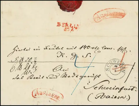 "Berlin", 1852, roter L2 rs. auf "Auslagen"-Paketbegleitbrief mit K2 "Schwerin" via Berlin nach Schweinfurt/Bayern, ex Kruschel