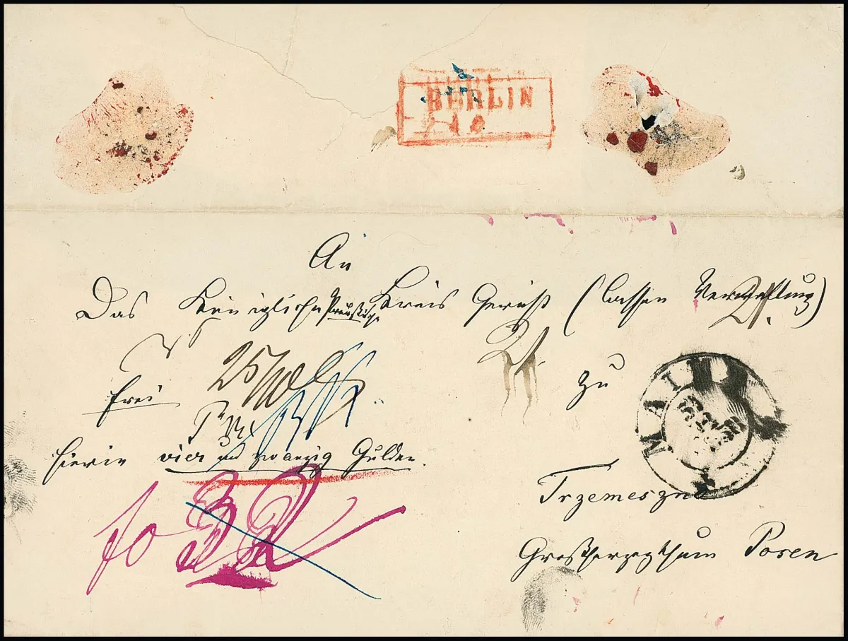 "Berlin", 2.1.1859, roter Ra2 ohne Zeitangabe klar rückseitig auf Wertbrief mit K2 "Mainz" über Berlin nach Posen, ex Kruschel