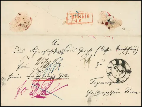 "Berlin", 2.1.1859, roter Ra2 ohne Zeitangabe klar rückseitig auf Wertbrief mit K2 "Mainz" über Berlin nach Posen, ex Kruschel