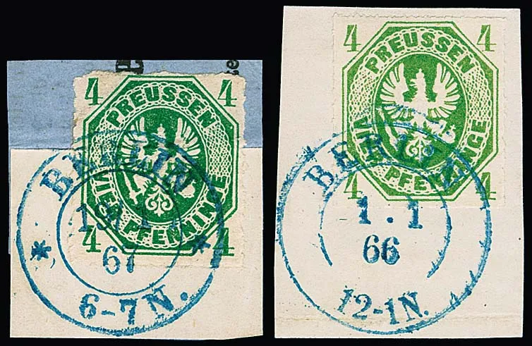 "Berlin", blauer K2 des Hofpostamtes, ohne Sterne v. 1.1.66, sowie mit Sternen vom 19.1.67, auf zwei Briefstücken 4 Pfge. gelblich- und blaugrün (diese kl.…