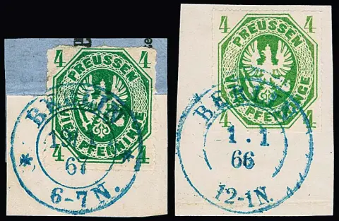 "Berlin", blauer K2 des Hofpostamtes, ohne Sterne v. 1.1.66, sowie mit Sternen vom 19.1.67, auf zwei Briefstücken 4 Pfge. gelblich- und blaugrün (diese kl.…