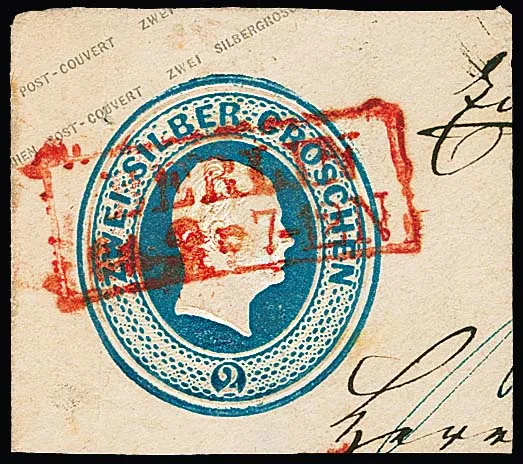 "Berlin", seltener roter Ra2 als Wertstempel-Entwertung auf Abschnitt von Kopf-Ganzsache 2 Sgr. blau, ex Kruschel
