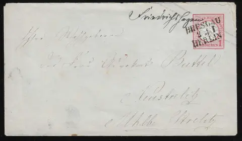 "Friedrichshagen", hs. Bahnpost-Aufgabe und Zug-L3 "Breslau-Berlin" auf Ganzsache 1 Gr. kl. Brustschild
