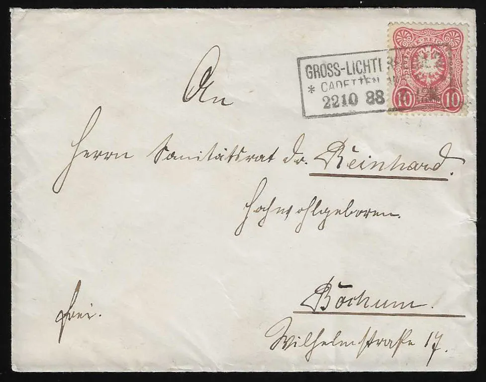 "Gross-Lichterfelde 2 Cadetten-Anstalt" auf Couvert 1888 mit 10 Pfg., sowie 1886 auf Bahnpostkarte