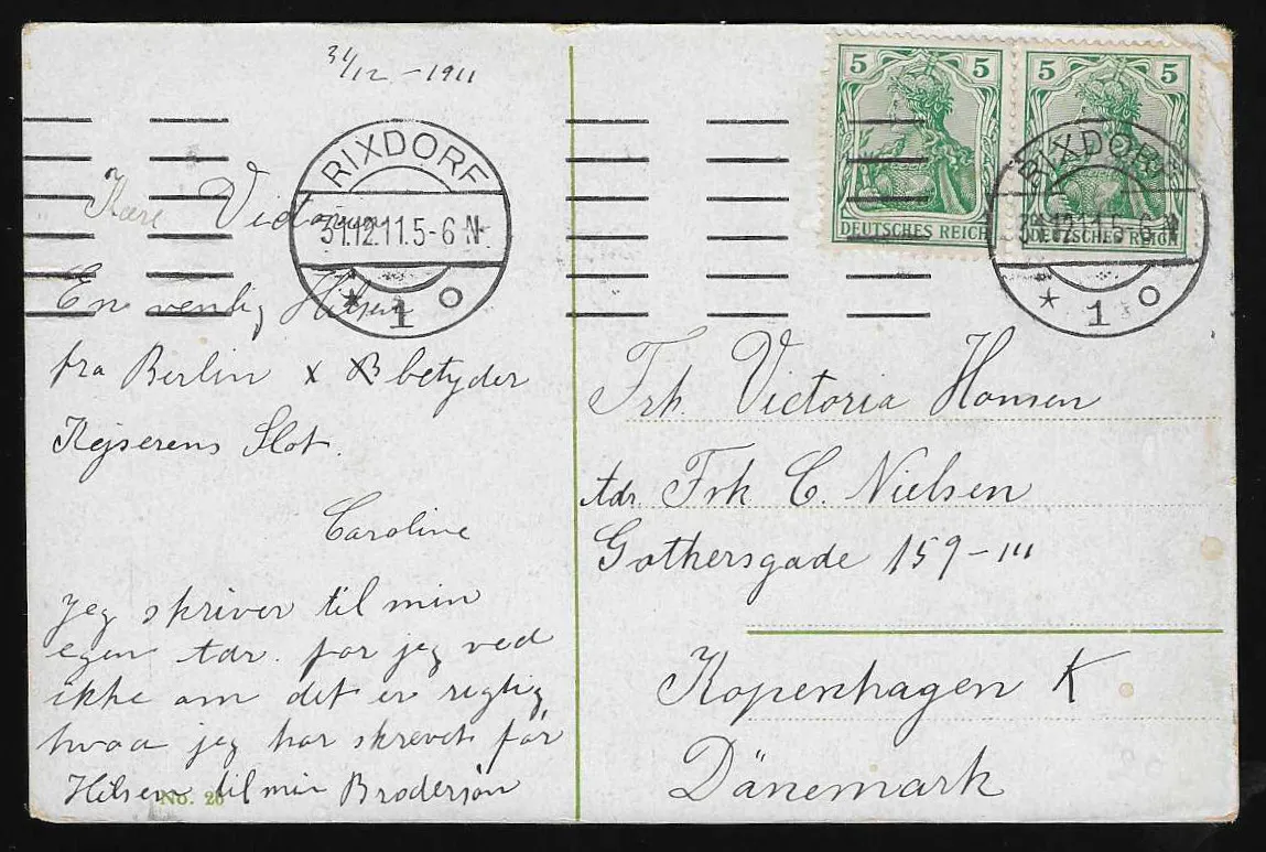 "Rixdorf", Steg-K2 du 31.12.1911 sur carte photo étrangère (Berliner Schloss) pour Copenhague avec deux fois 5 Pfg. Germania