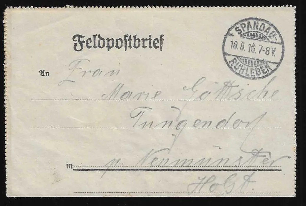 "Шпандау Рулебен", штемпель Steg-K2 на карте KGF 1914 в Лондон и на полевом письме 1916 (лагерь Рулебен)